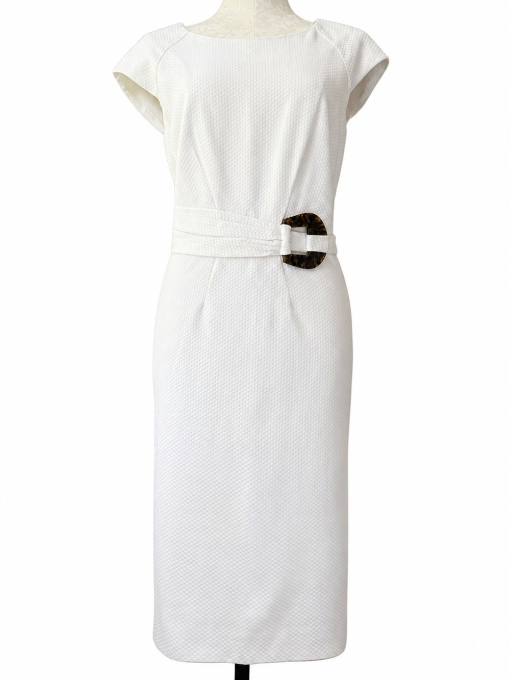 Bigio Collection White Textured Sheath Dress Tortoise Buckle Size 14 Made in USA